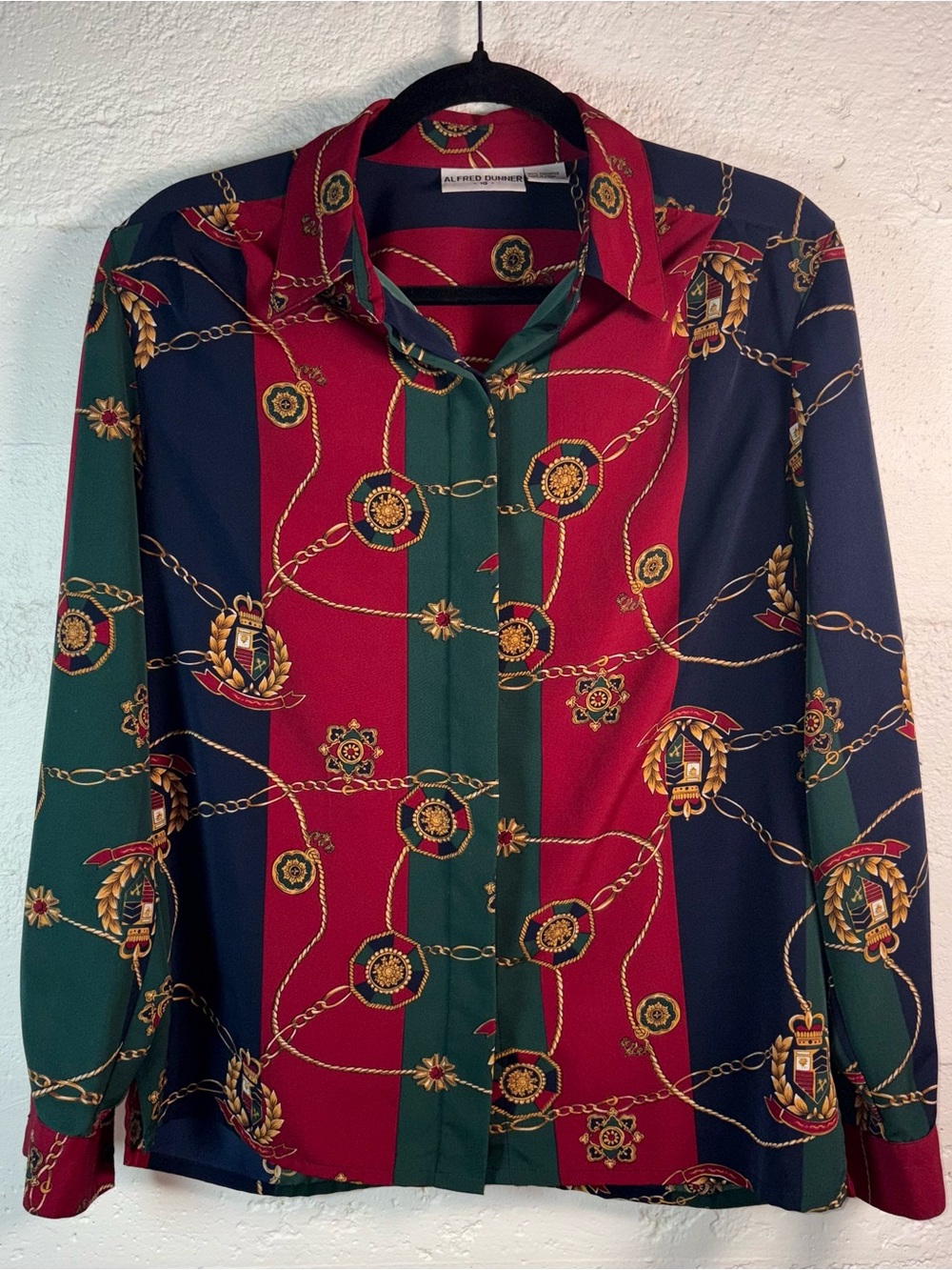 Vintage Alfred Dunner Navy Red Green Scarf-Print Button Down Shirt